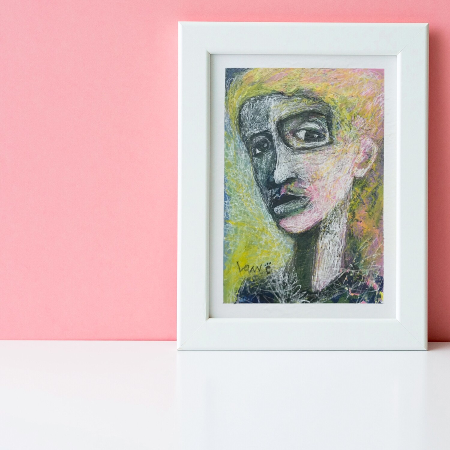 Small Original Abstract Portrait of a Man with Blond Hair by Ken Law