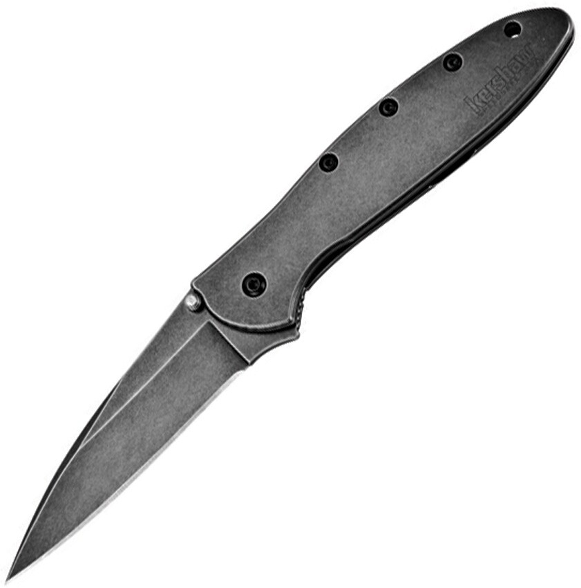 Kershaw, 1660BLKW Leek Assisted, Blackwash Handle & Blade, Plain w/Clip