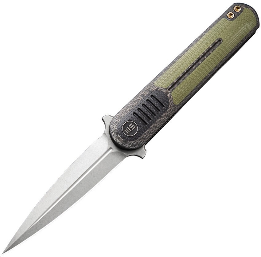 WE Knives, 2002a, Angst Twill Carbon Fiber Handle. Black and Green G-10