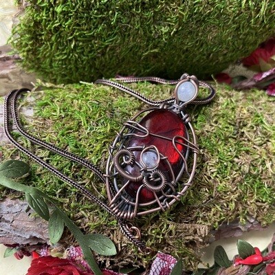 Red Painted, Labradorite Copper Wire Wrapped Pendant