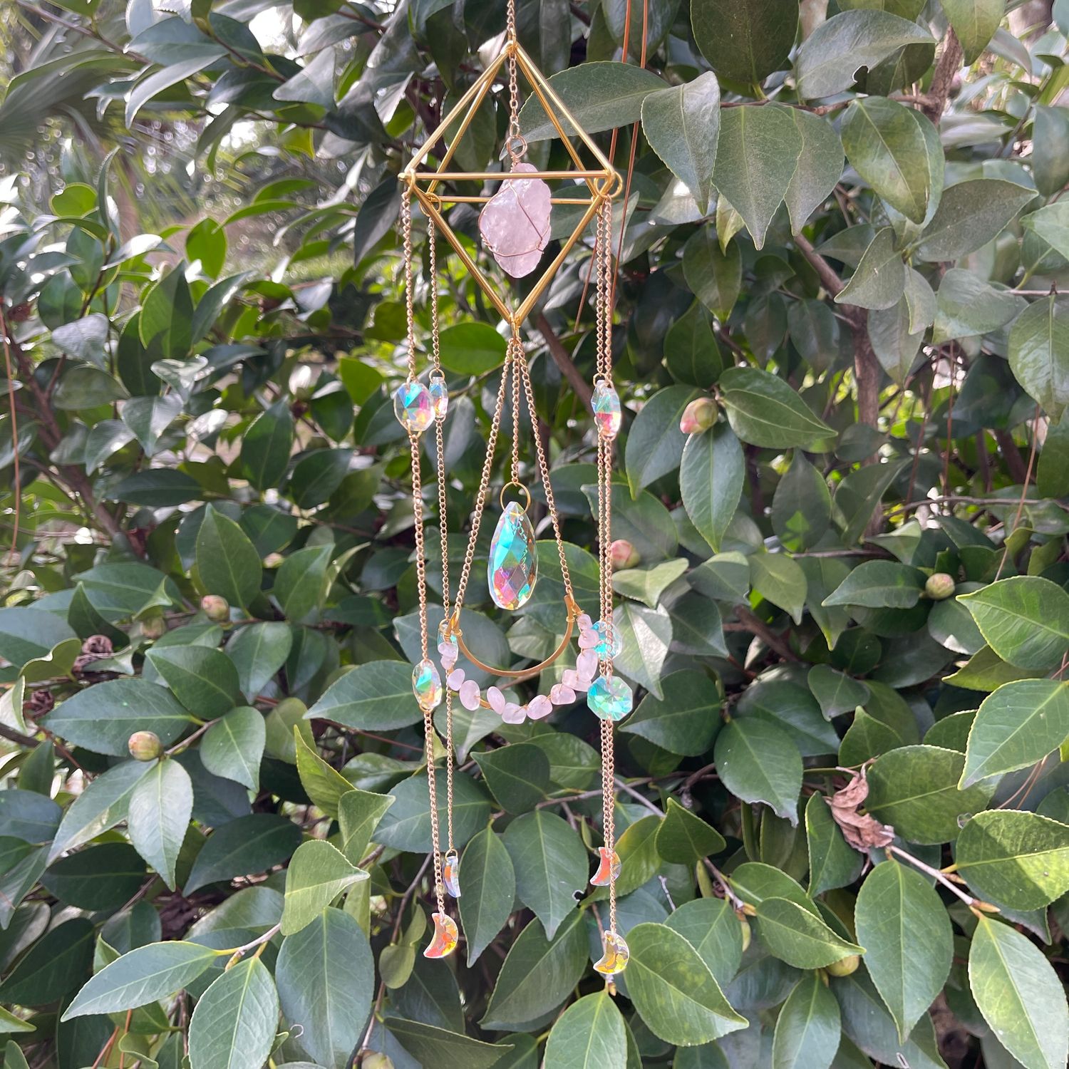 Rose Quartz Chandelier Suncatcher w/ Crescent Moons