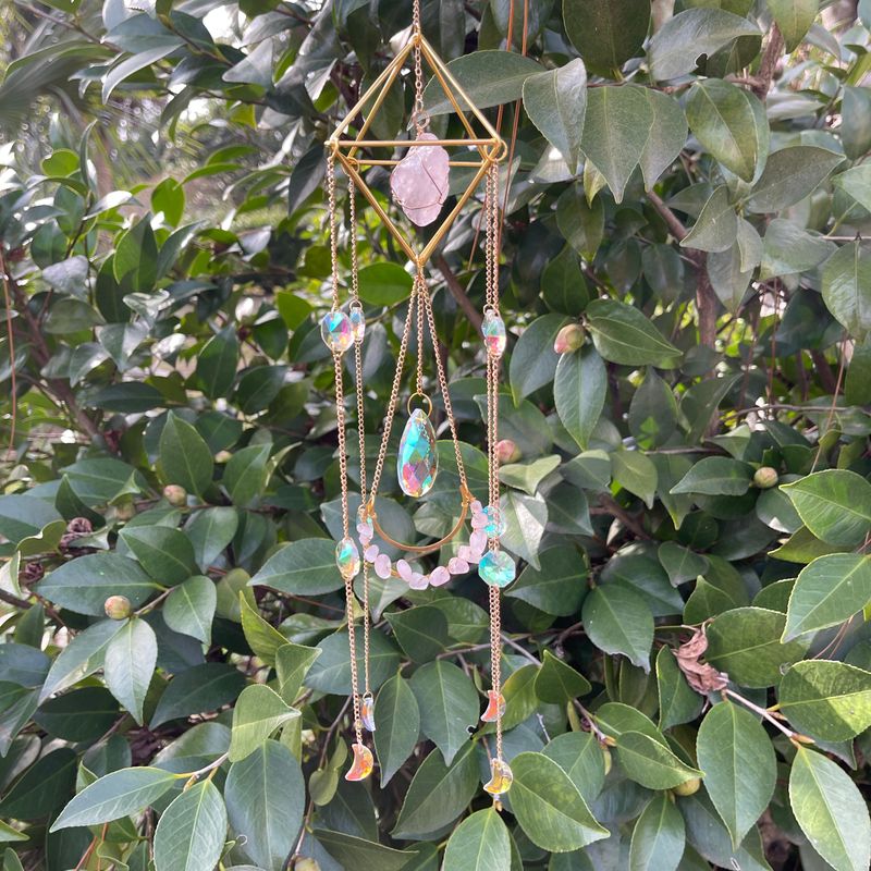 Rose Quartz Chandelier Suncatcher w/ Crescent Moons