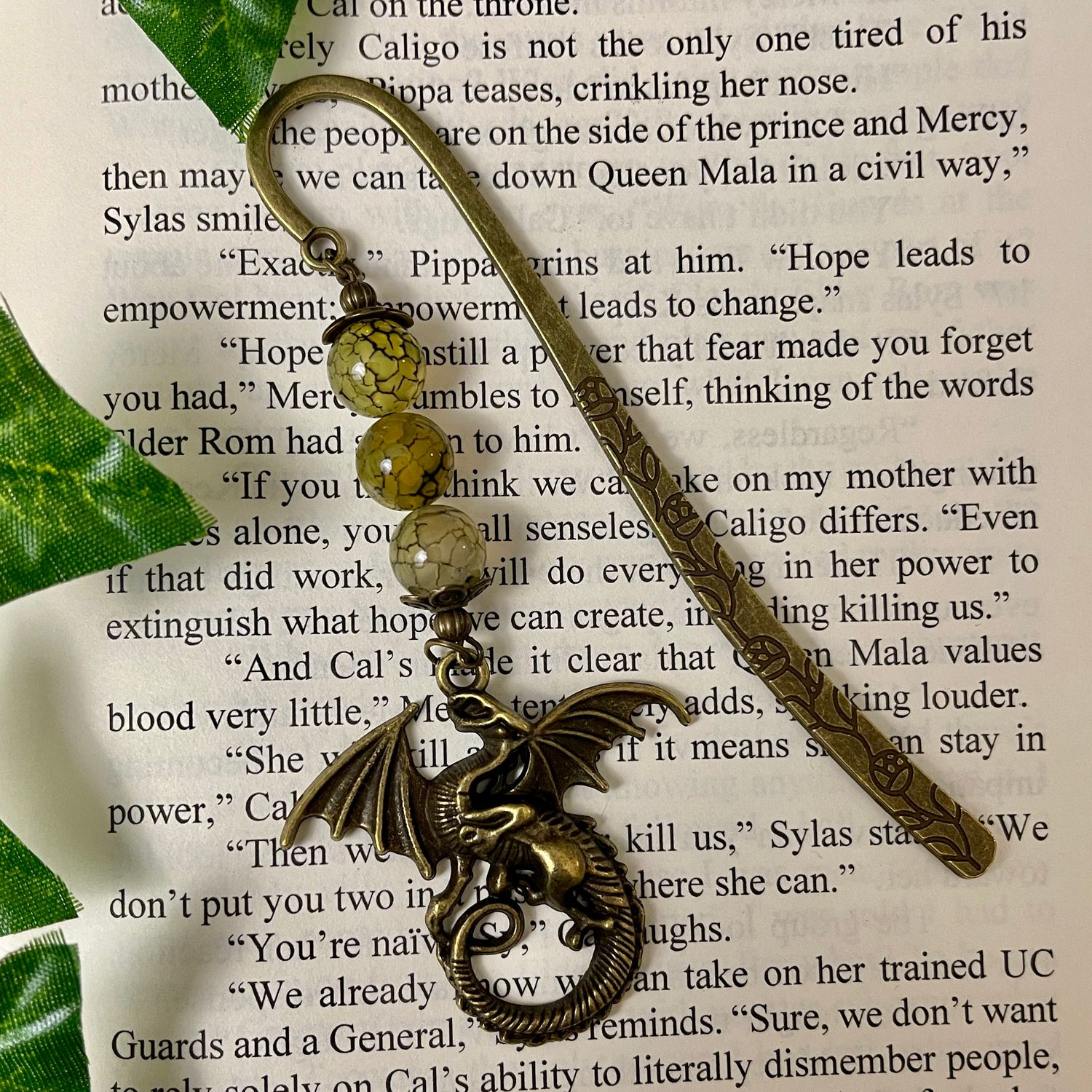 Dyed Glass Bead Aged Bronze Dragon Book Hook
