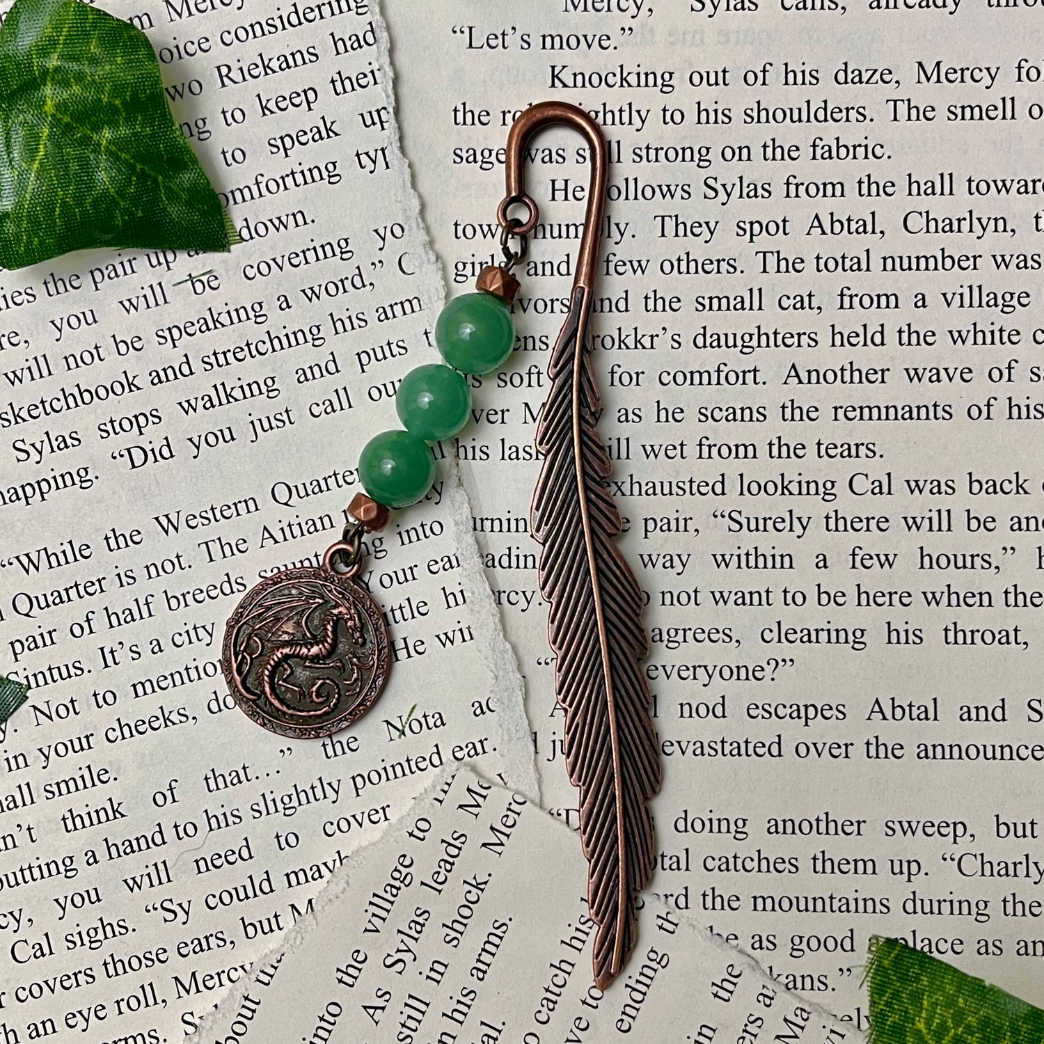 Antique Copper Dragon Coin with Aventurine Beads Large Feather Book Hook
