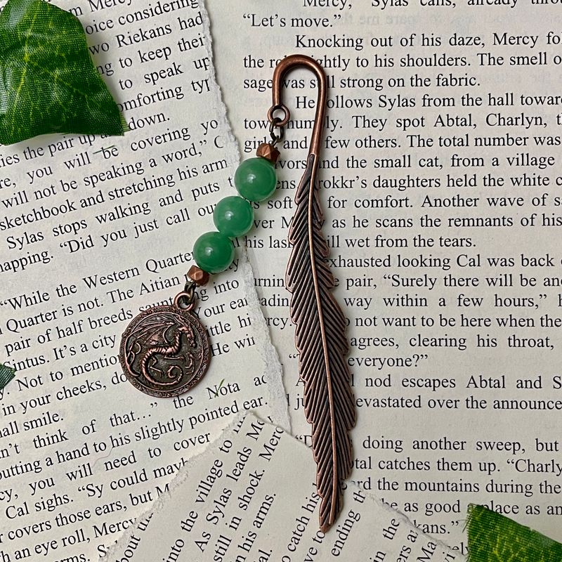 Antique Copper Dragon Coin with Aventurine Beads Large Feather Book Hook