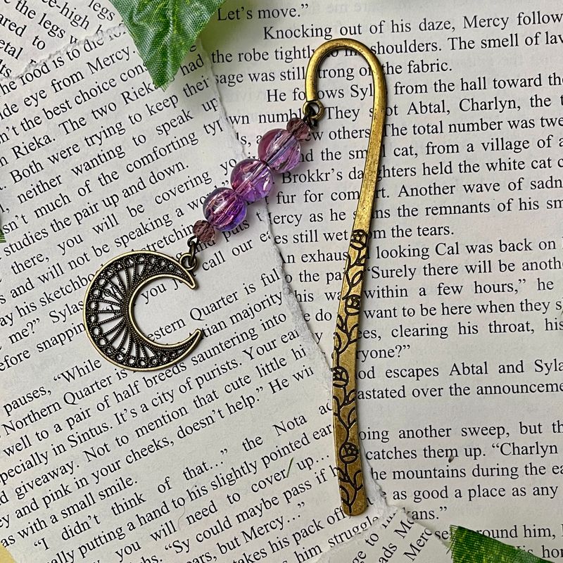 Bronze Moon with Pink/Purple Crackle Beads Large Book Hook