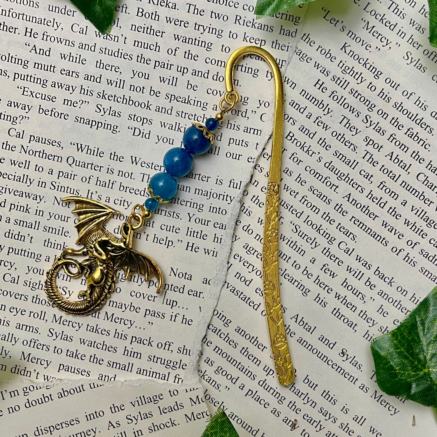 Gold Dragon with Blue Beads Large Book Hook