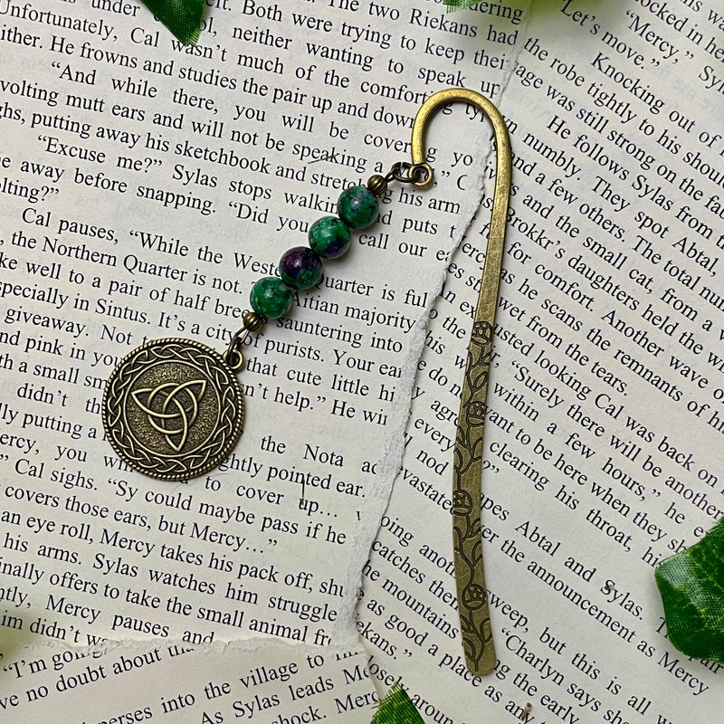 Aged Bronze Celtic Family Knot with Ruby Zoisite Beads Large Book Hook