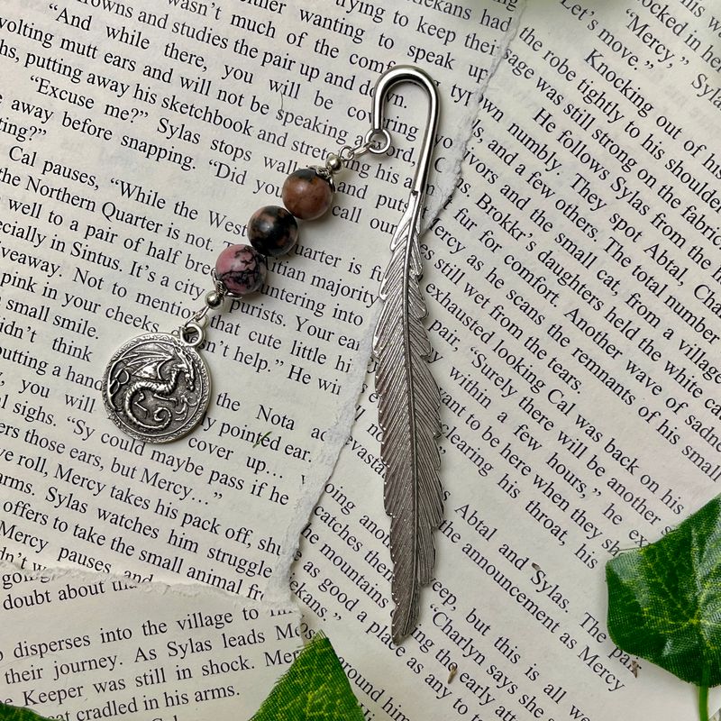 Silver Dragon Coin with Rhodonite Beads Large Book Hook