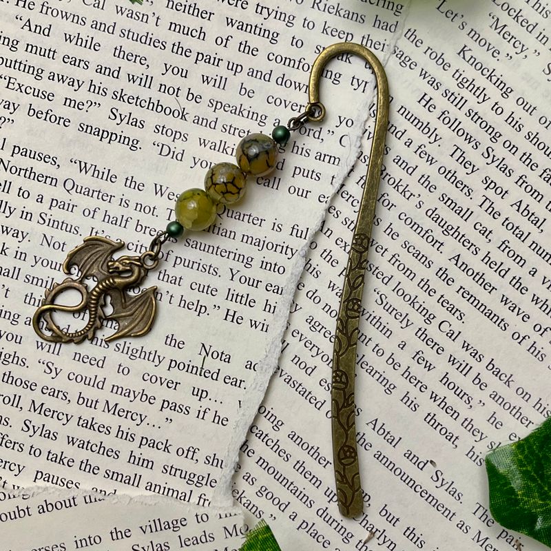 Aged Bronze Dragon with Green/Yellow Beads Large Book Hook