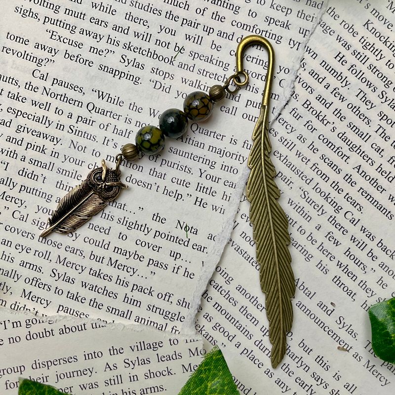 Anged Bronze Feather Owl with Green/Yellow Beads Large Feather Book Hook