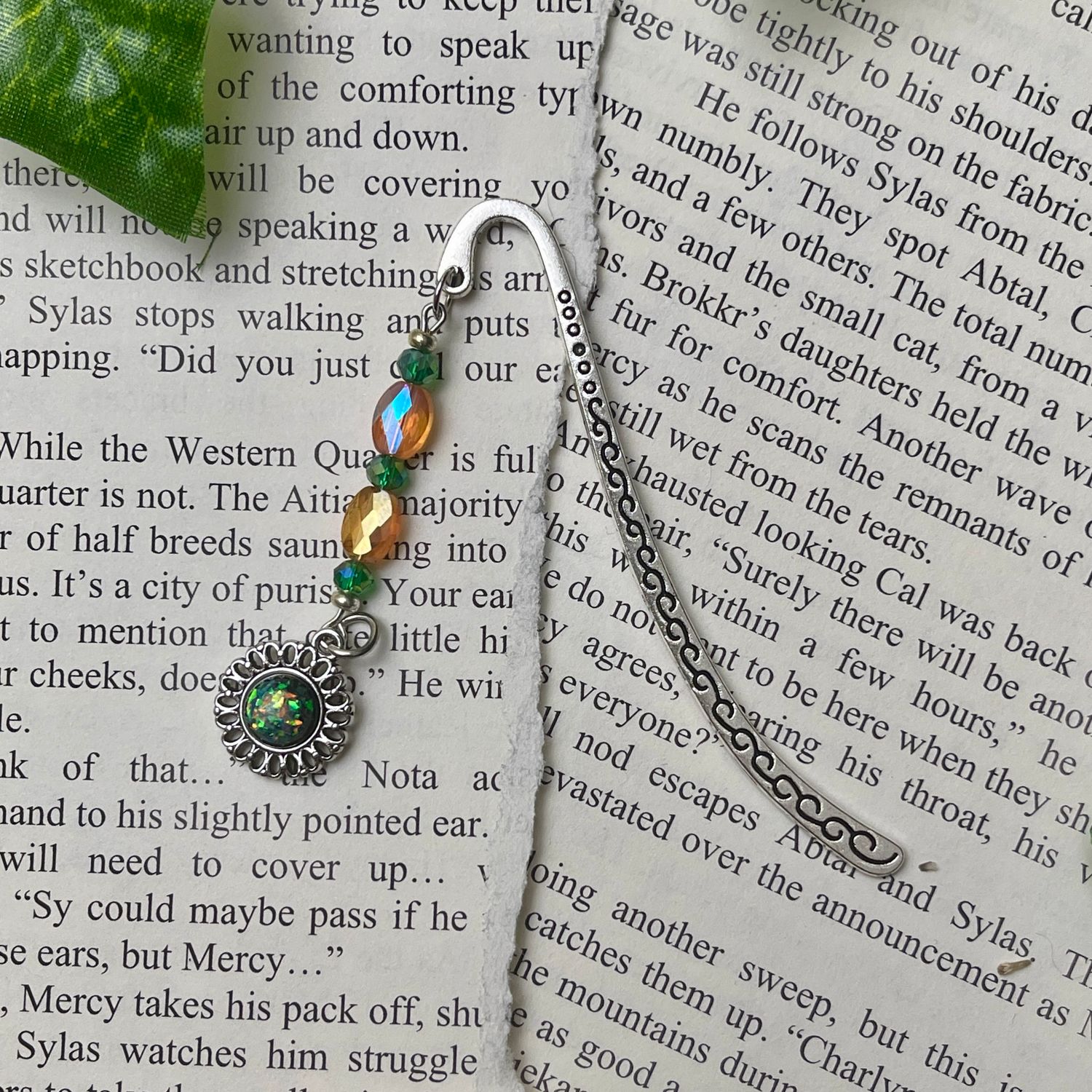 Silver Glitter Sun with Orange and Green Beads Small Book Hook