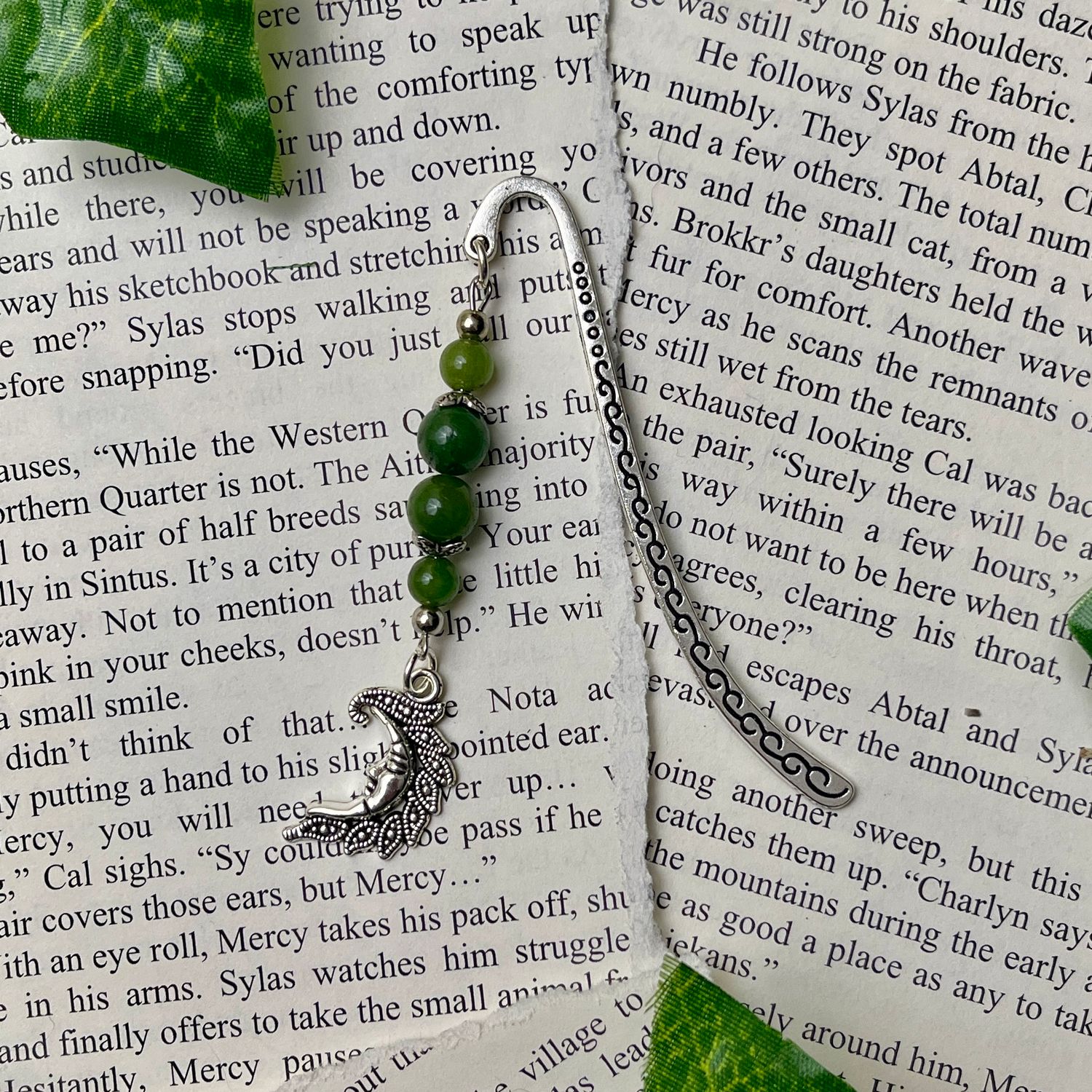 Silver Moon with Green Beads Small Book Hook