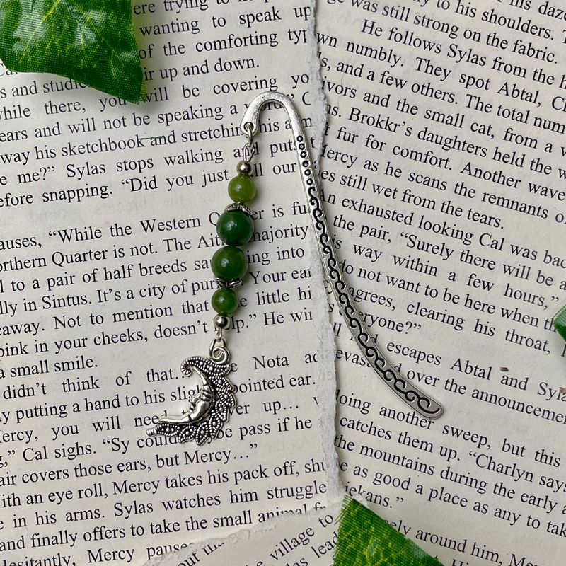 Silver Moon with Green Beads Small Book Hook