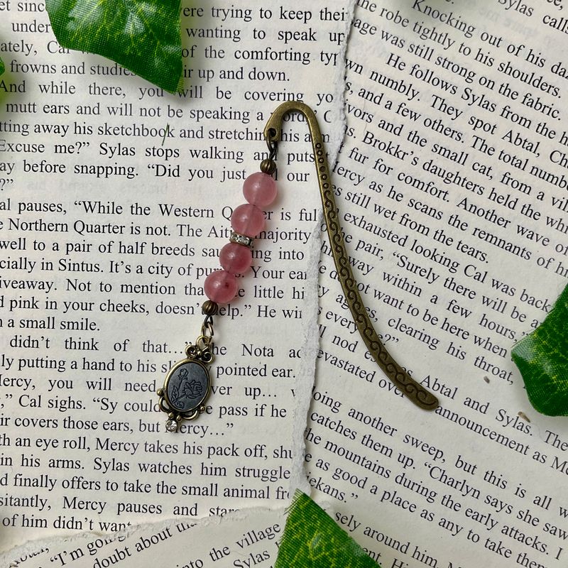 Aged Bronze Rose Cameo with Strawberry Quartz Beads Small Book Hook