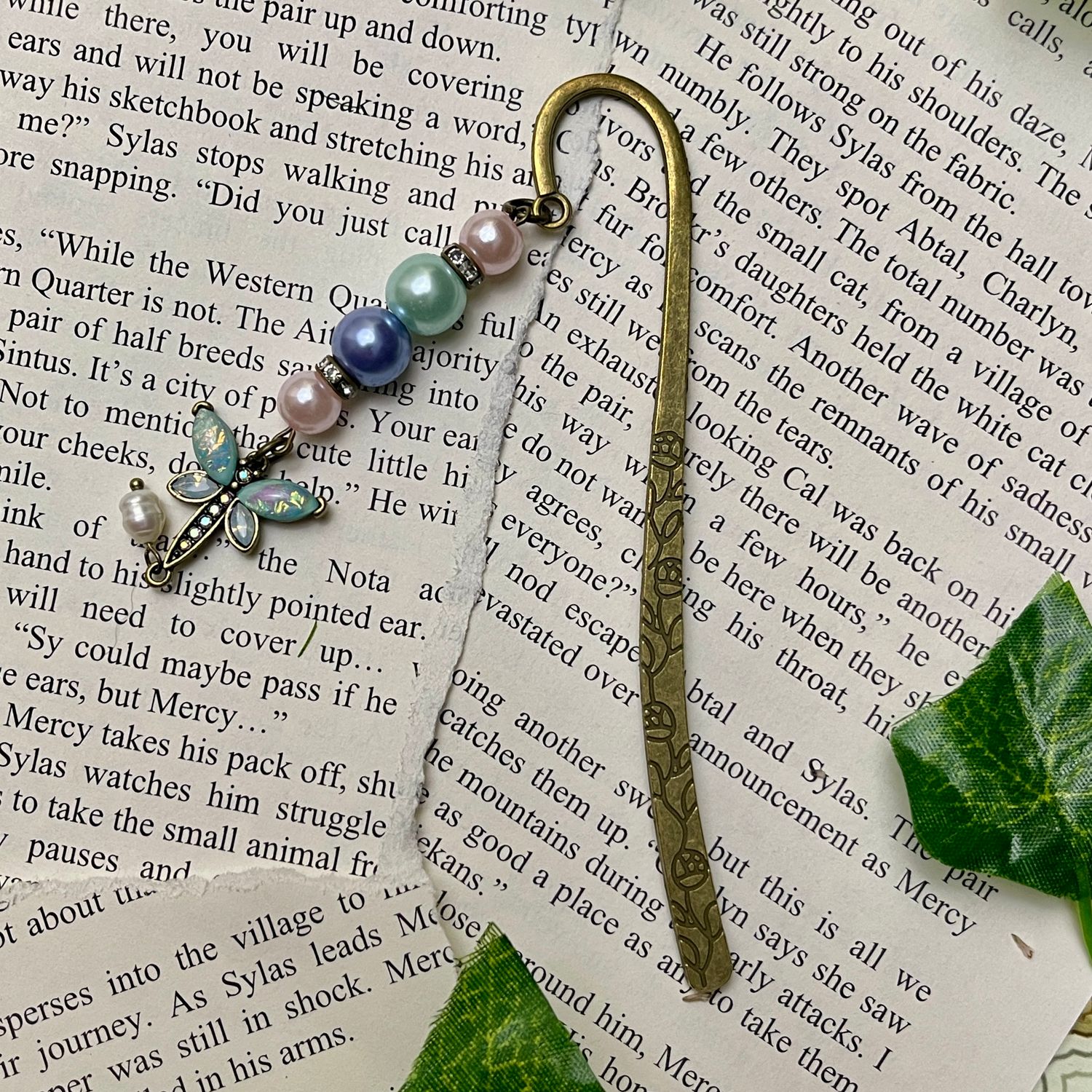 Bronze Moonstone Dragonfly with Pearly Beads Large Book Hook
