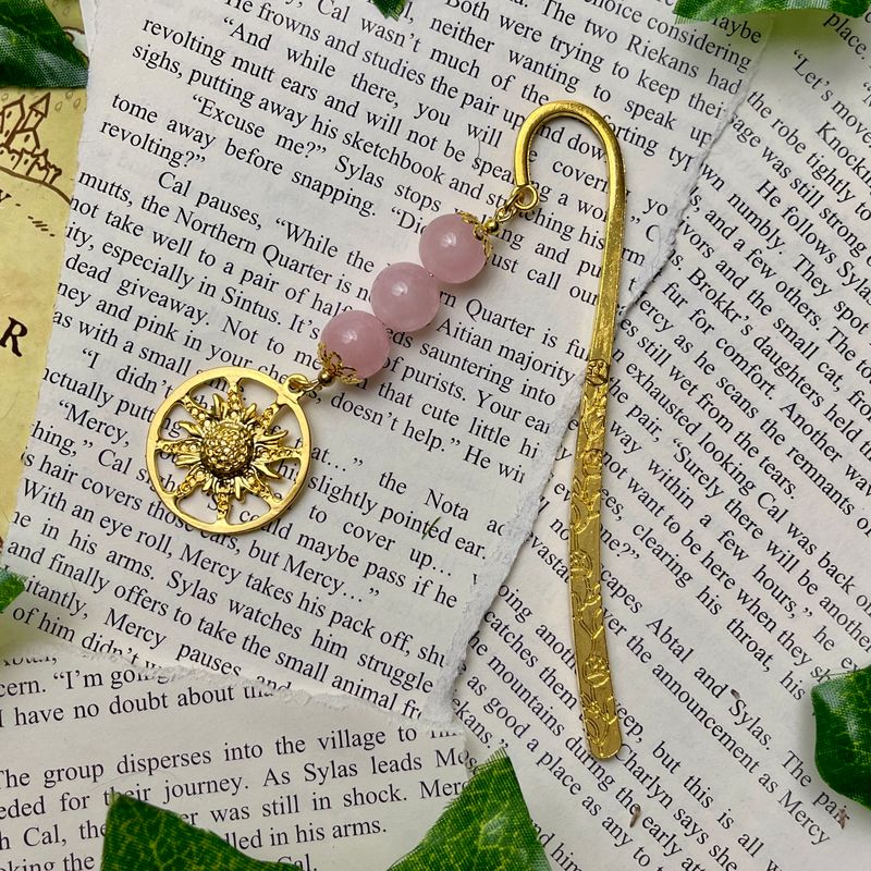 Gold Sunflower with Rose Quartz Beads Large Book Hook