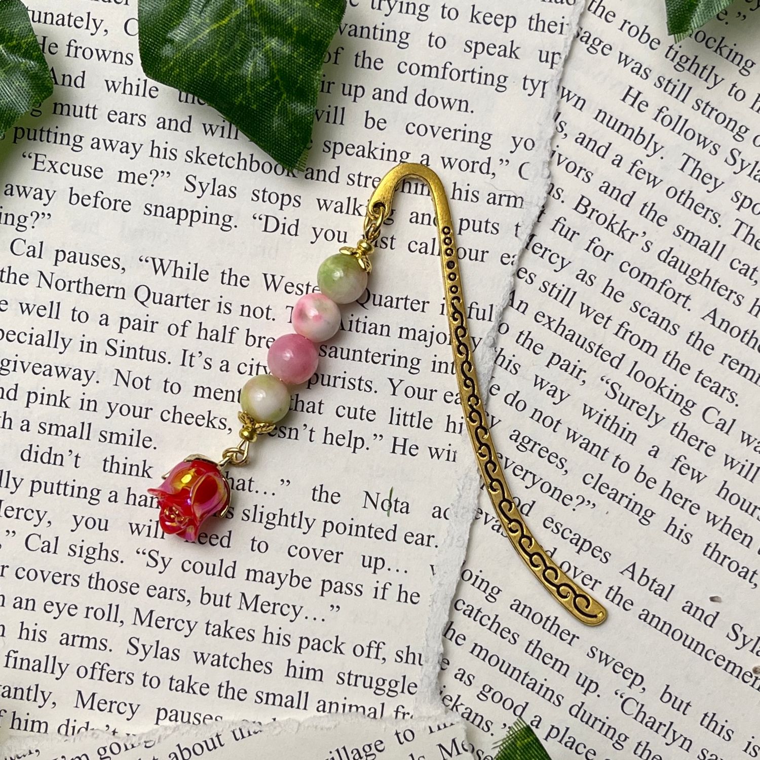 Gold Rose with Pink/Green Beads Small Book Hook