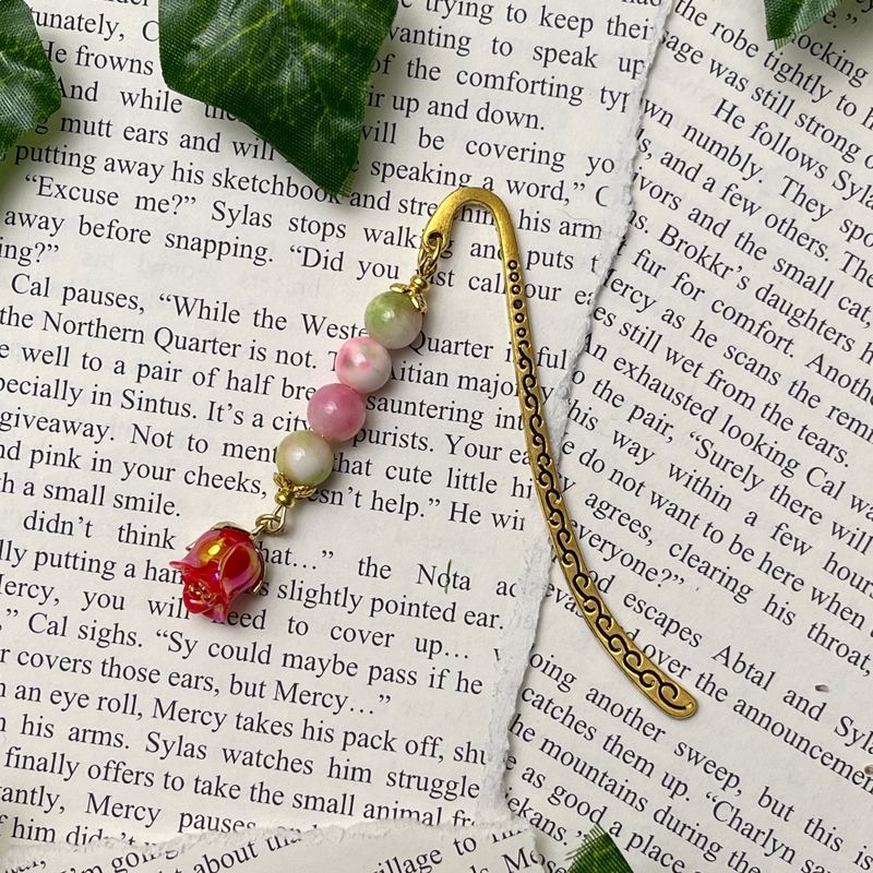 Gold Rose with Pink/Green Beads Small Book Hook