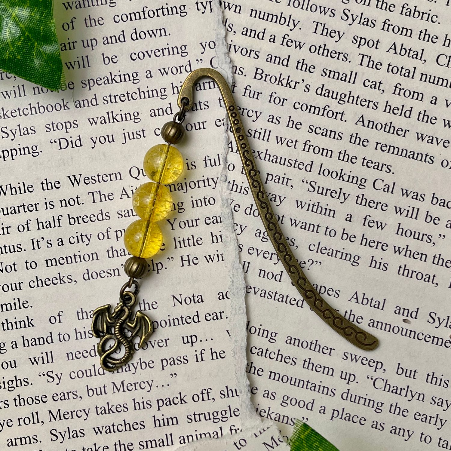 Aged Bronze Dragon with Citrine Beads Small Book Hook