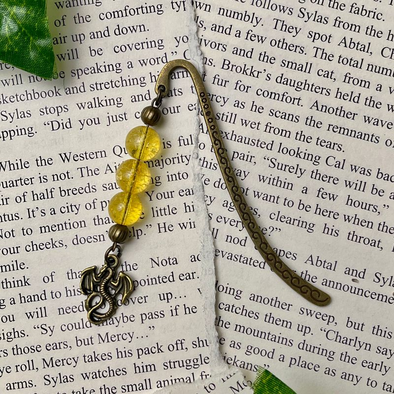 Aged Bronze Dragon with Citrine Beads Small Book Hook