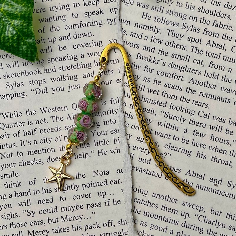 Gold Star with Green Floral Rose Beads Small Book Hook