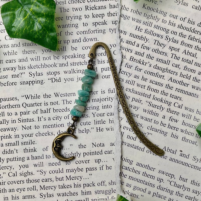 Aged Bronze Moon with Aquamarine Beads Small Book Hook