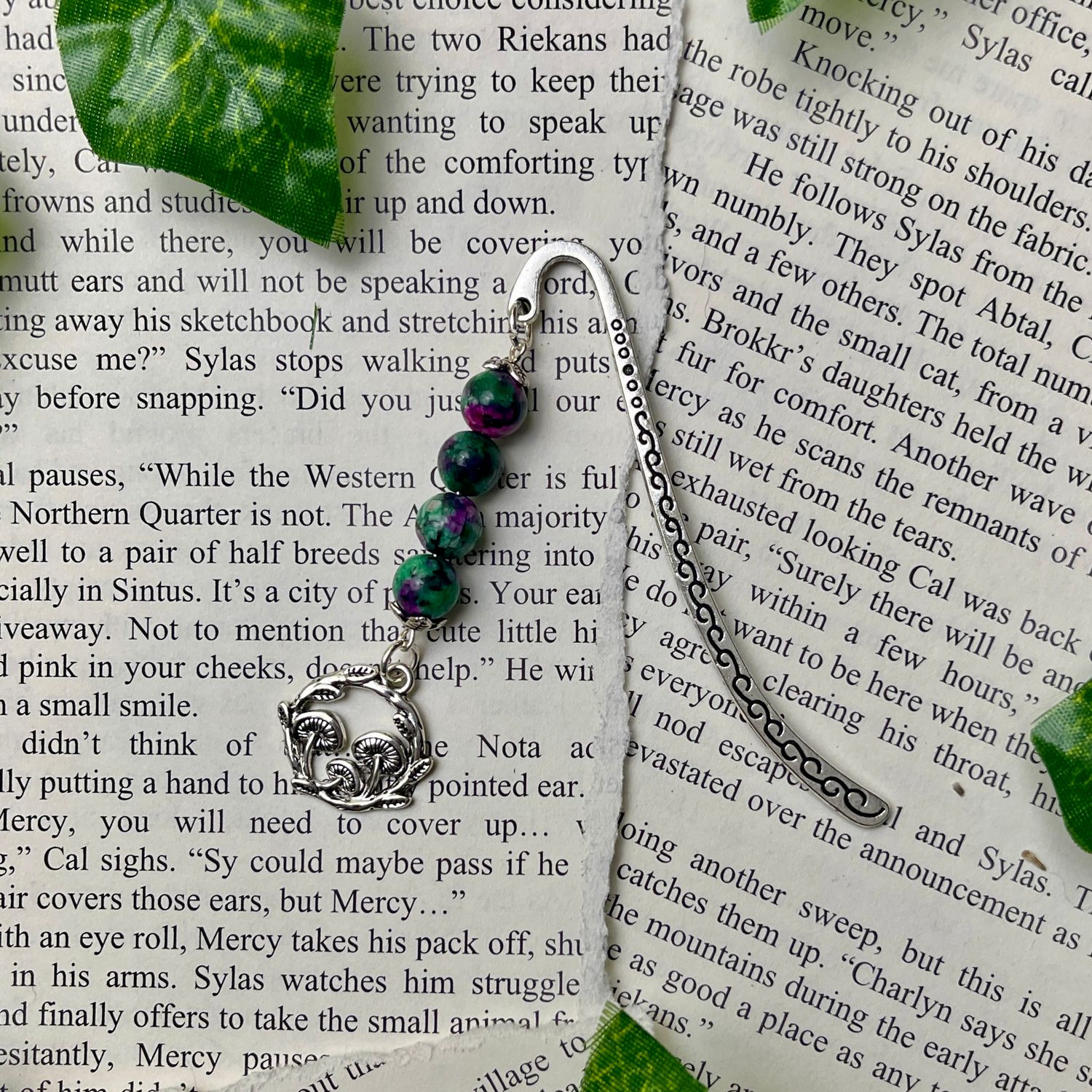 Silver Mushroom with Ruby Zoisite Beads Small Book Hook