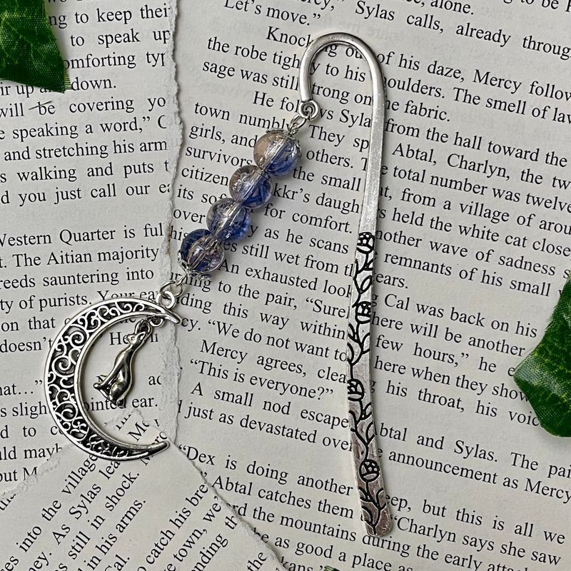 Silver Cat on Moon with Blue Crackle Beads Large Book Hook