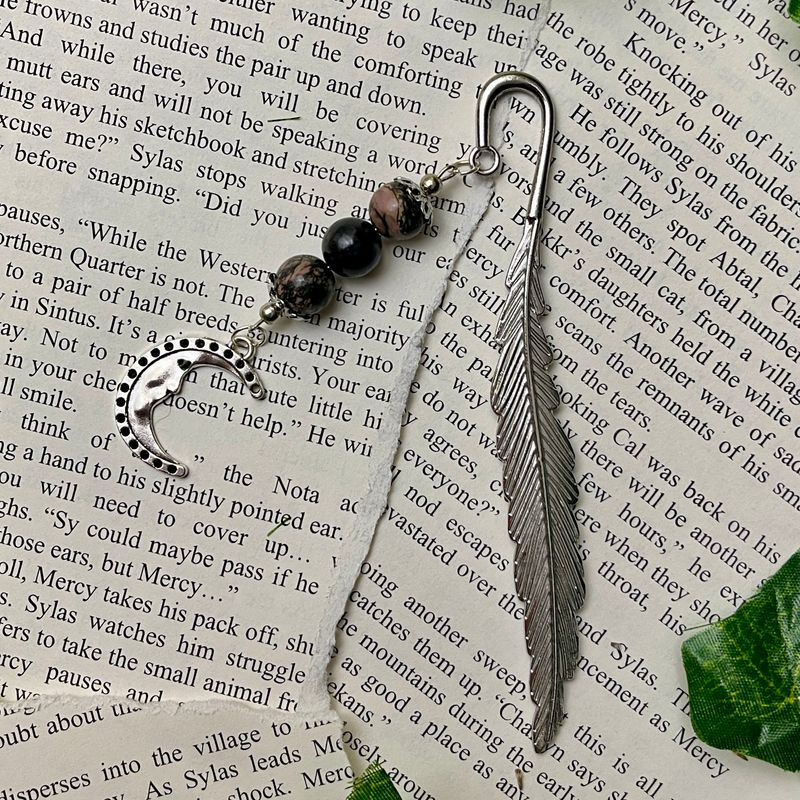 Silver Moon with Rhodonite Beads Large Book Hook