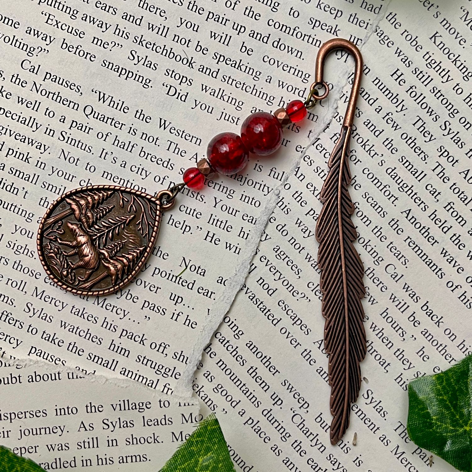 Antique Copper Bear in Forest with Red Crackle Beads Large Feather Book Hook