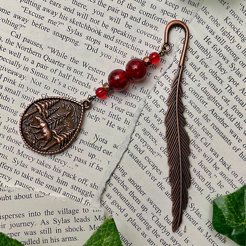 Antique Copper Bear in Forest with Red Crackle Beads Large Feather Book Hook