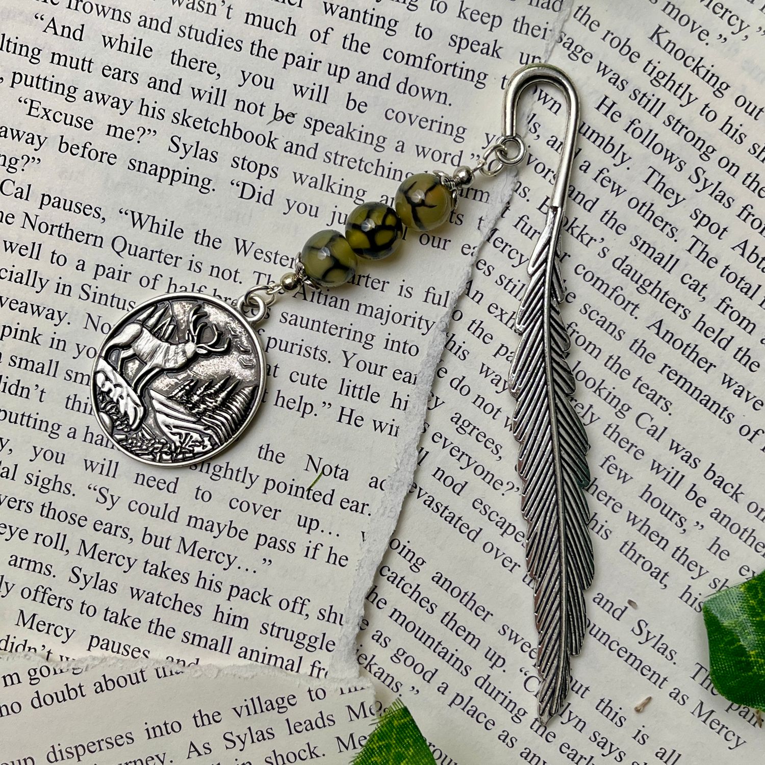 Silver Elk in Forest with Green/Yellow Beads Large Feather Book Hook