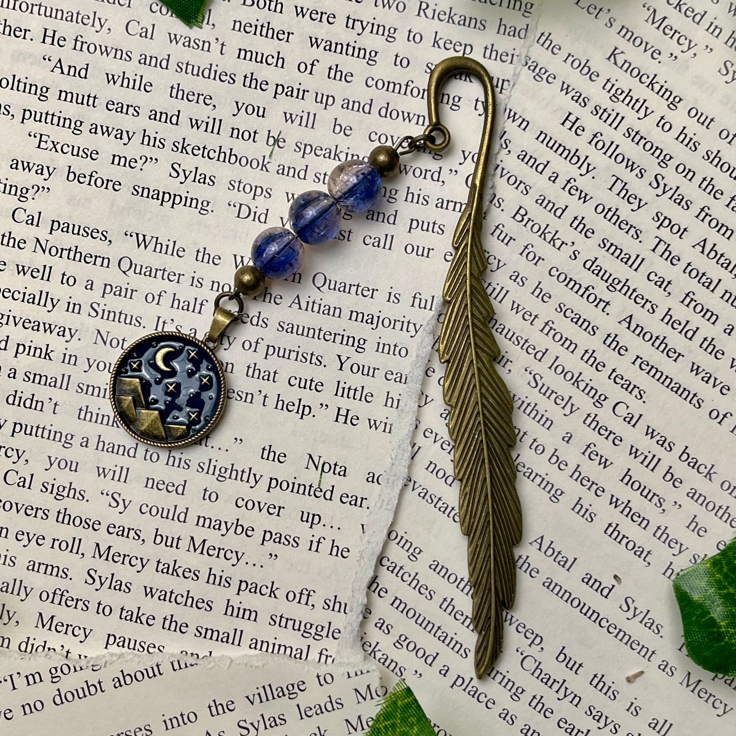 Anged Bronze "Enjoy the Journey" Night Scape with Blue Crackle Beads Large Feather Book Hook