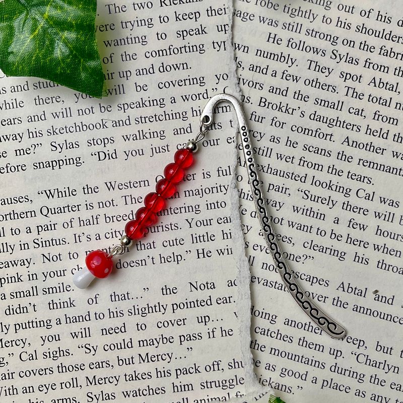 Silver Red Cap Mushroom with Red Beads Small Book Hook