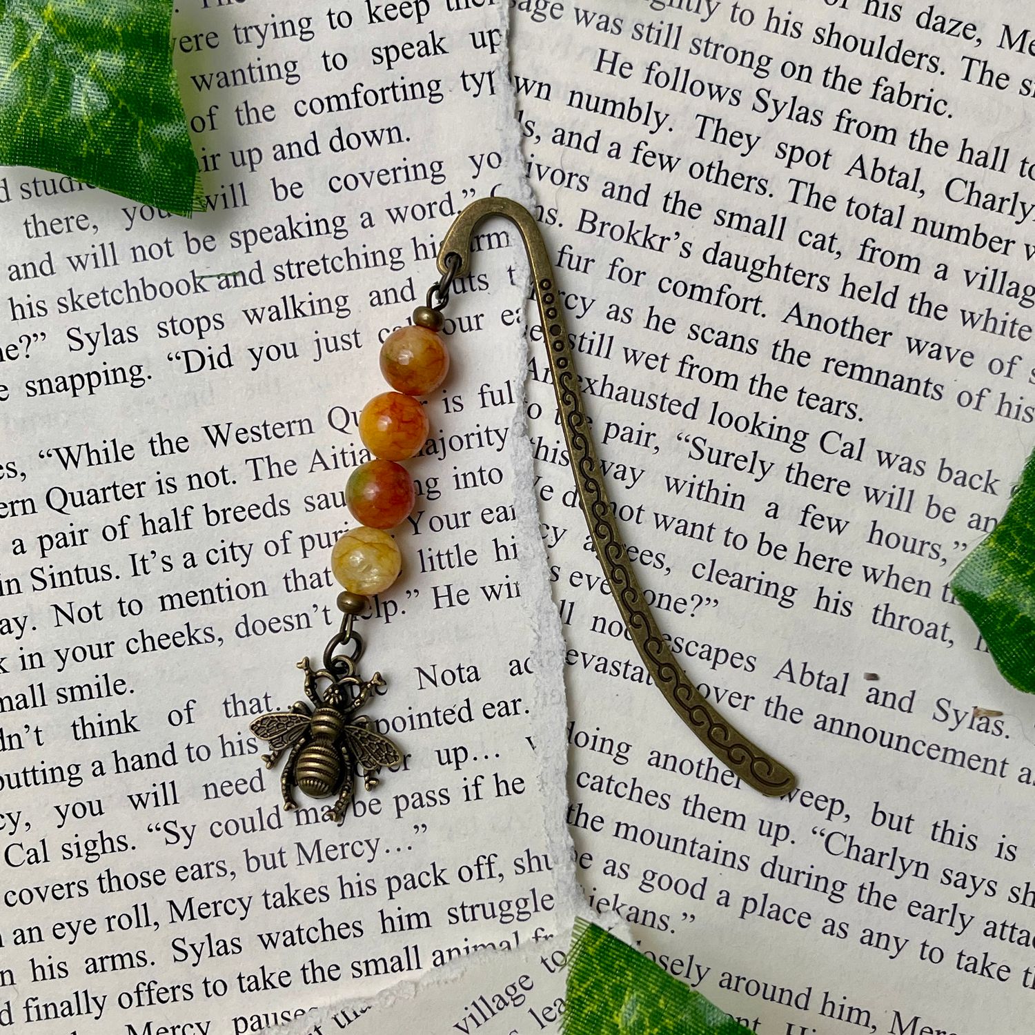 Aged Bronze Bumble Bee with Orange/Yellow Beads Small Book Hook
