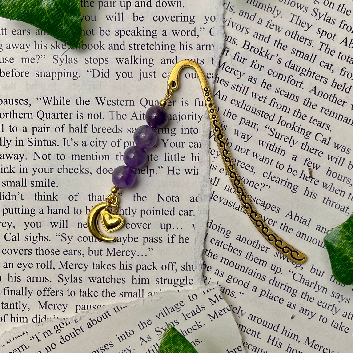 Gold Heart &amp; Moon with Amethyst Beads Small Book Hook