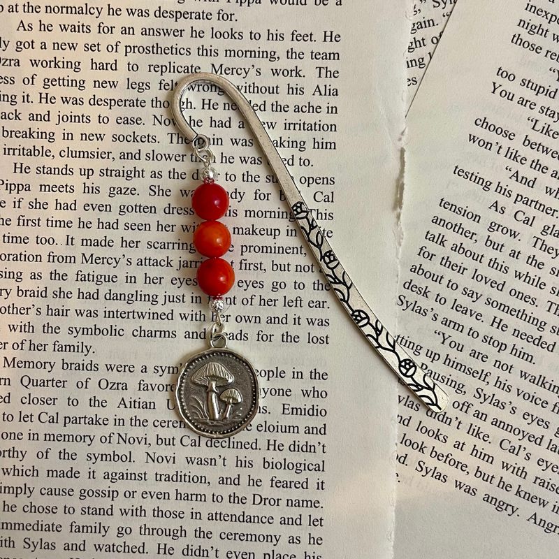 Silver Mushroom Coin with Red/Orange Beads Large Book Hook