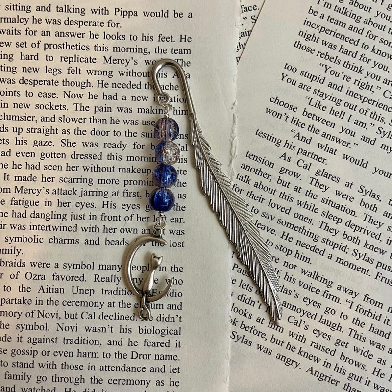 Silver Cat on Moon with Blue Crackle Beads Large Book Hook