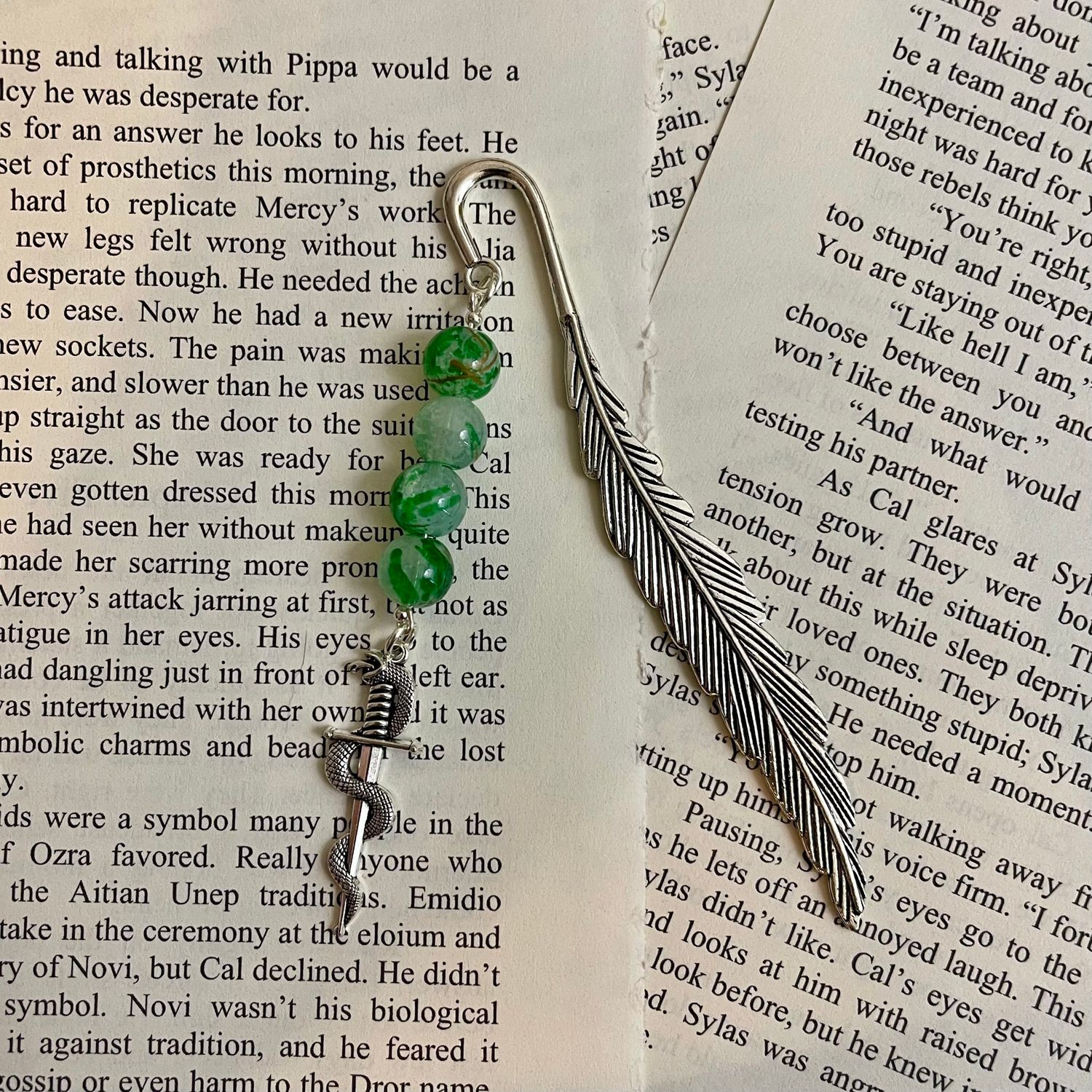 Silver Snake Dagger with Green Crackle Beads Large Book Hook