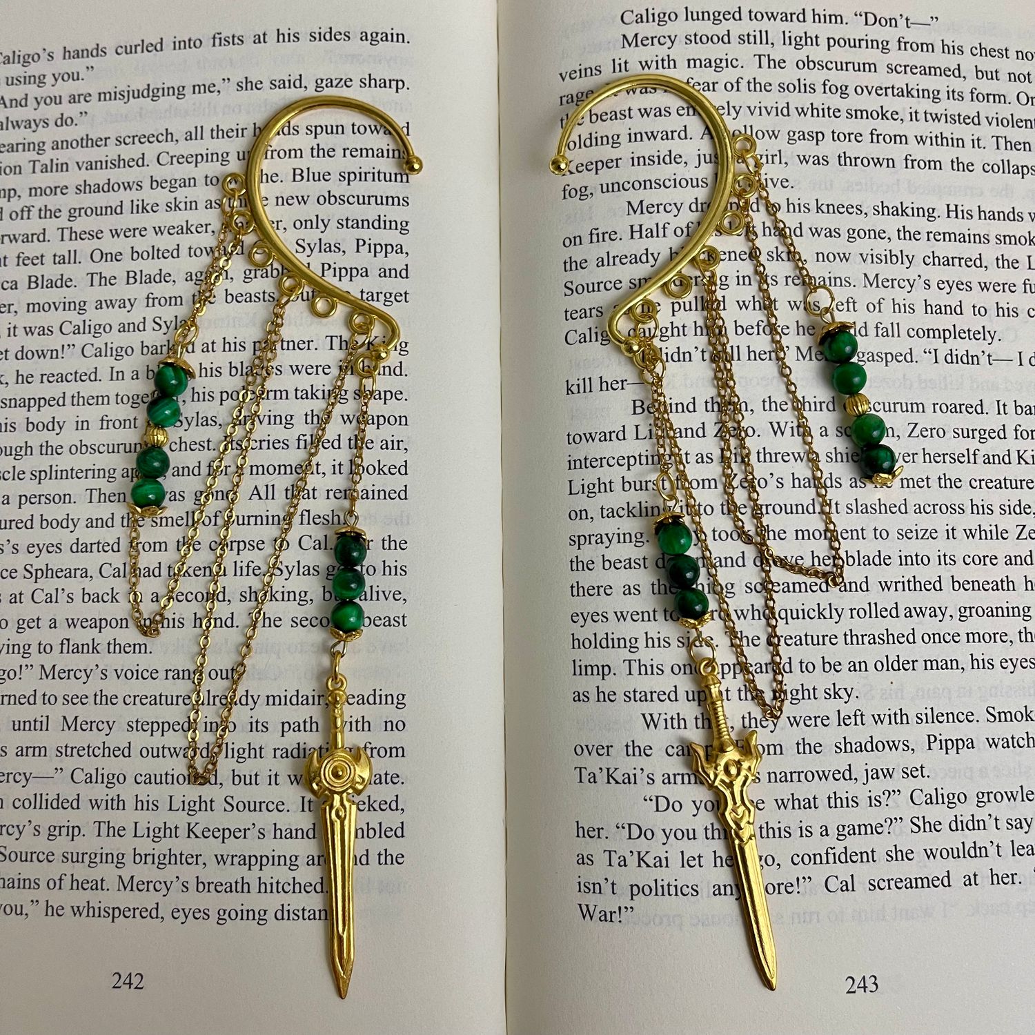 Set of Green &amp; Gold Sword Ear Cuffs
