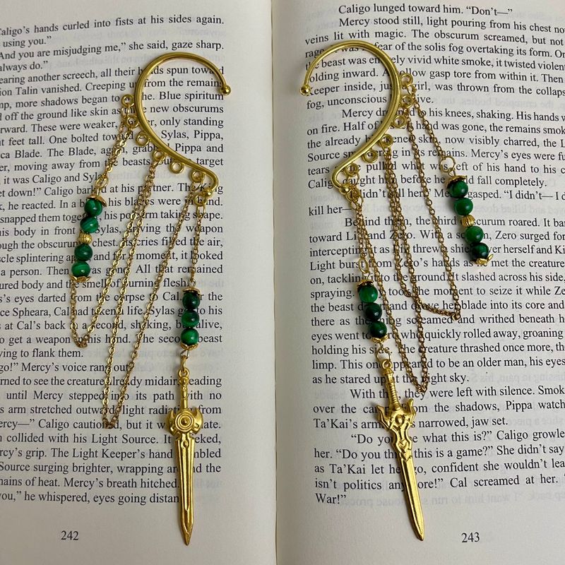 Set of Green &amp; Gold Sword Ear Cuffs