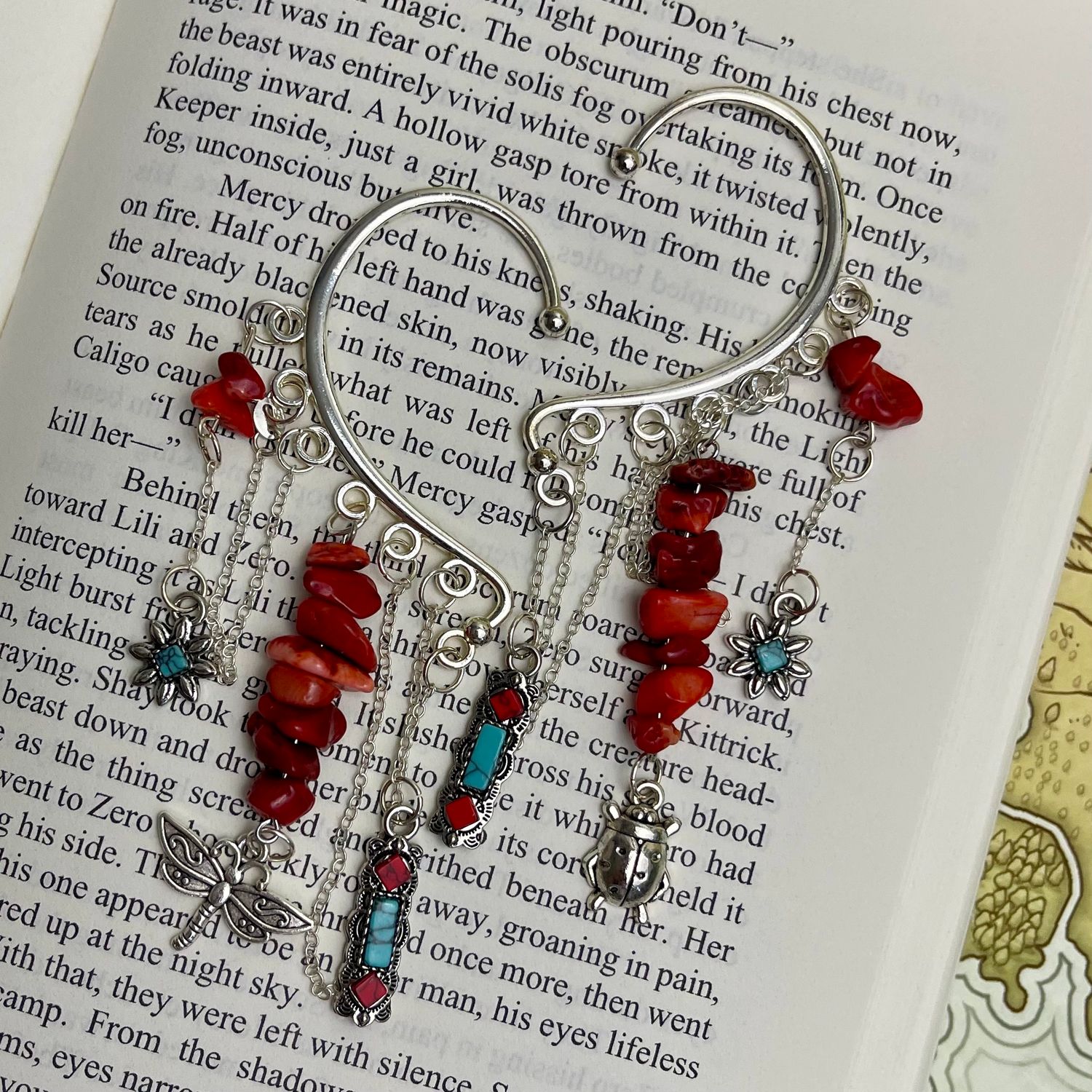 Set of Buggy Red, Turquoise, &amp; Silver Ear Cuffs