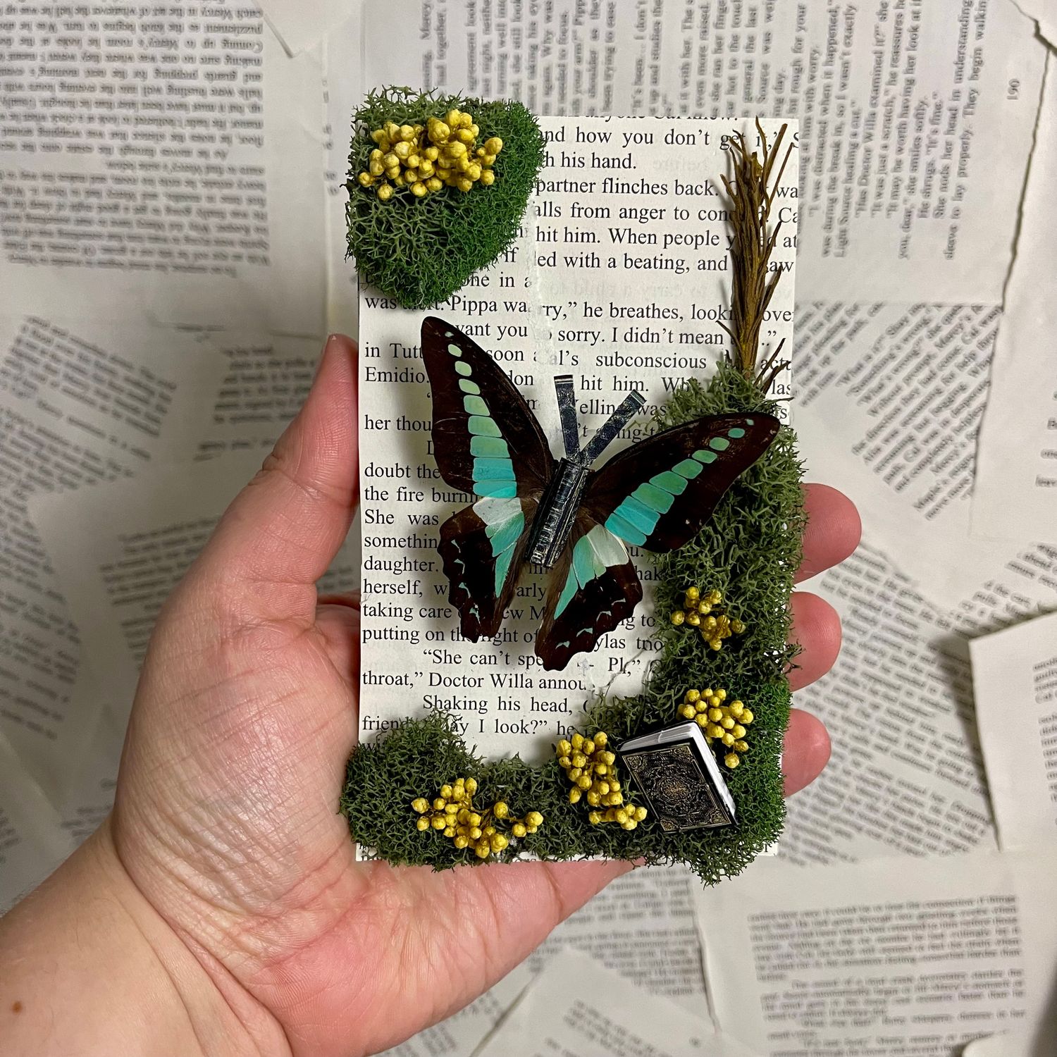 Blue Bottle Butterfly with Book Body in 4 x 7 Inch Gold Frame