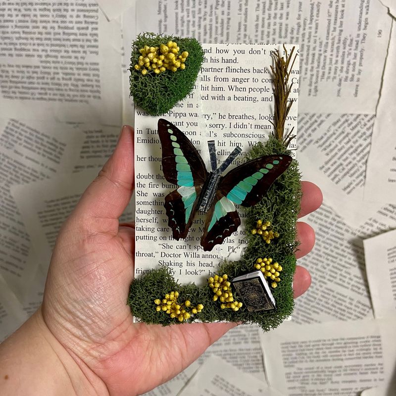 Blue Bottle Butterfly with Book Body in 4 x 7 Inch Gold Frame