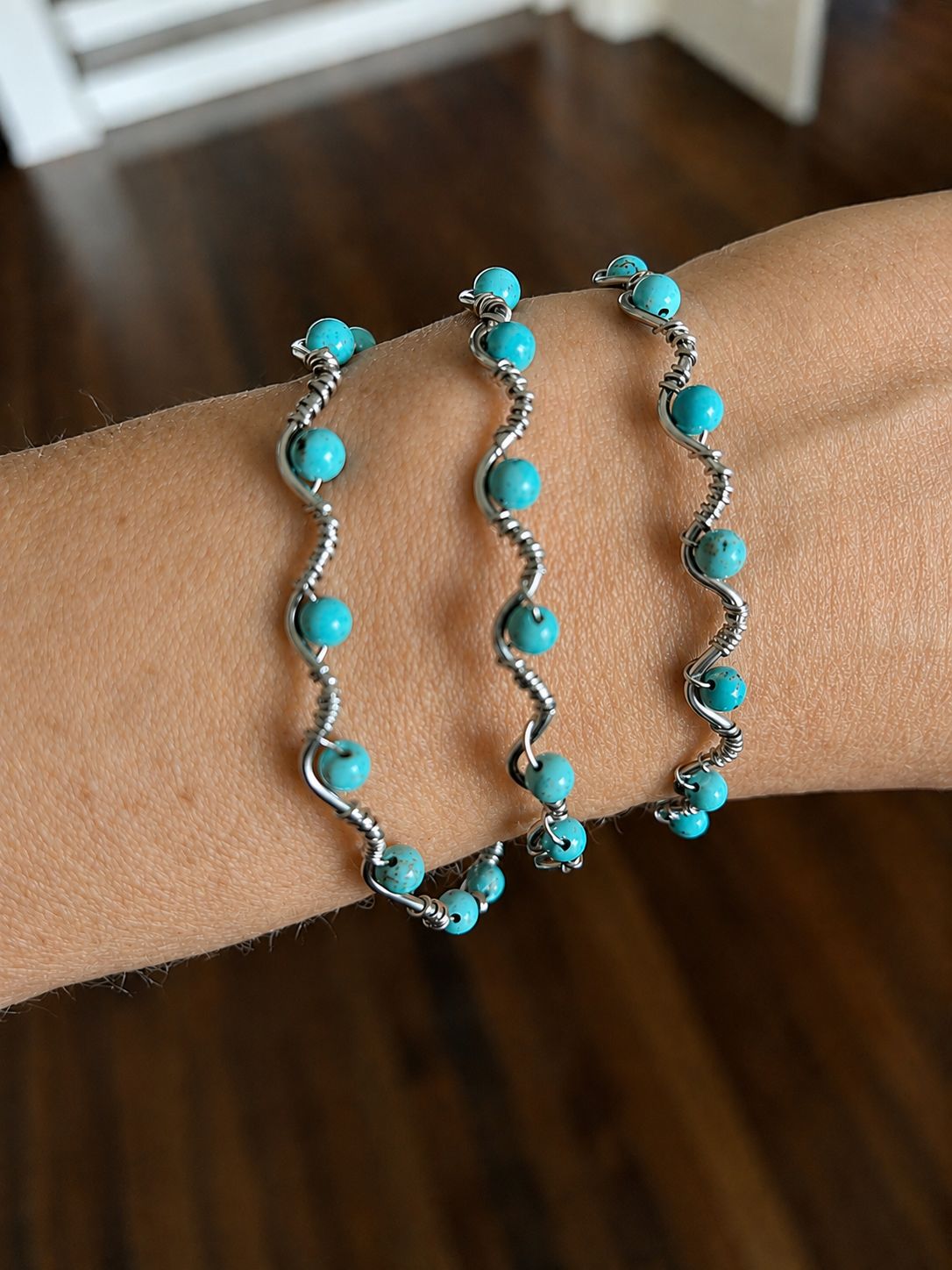Set of 3 Sterling Silver &amp; Turquoise Stackable Bracelets