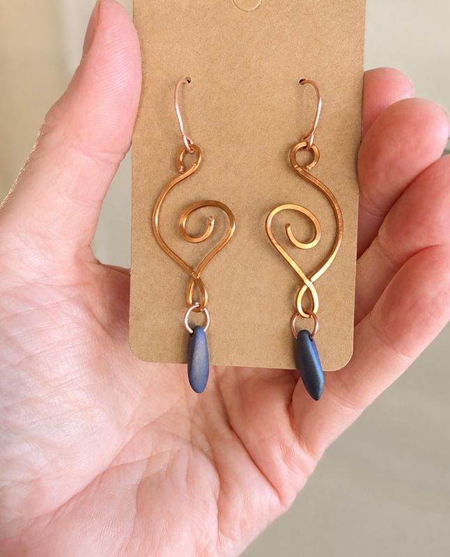 Handcrafted Copper &amp; Matte Blue Iris Dagger Earrings