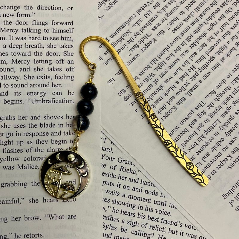 Black &amp; Gold Moon Phases Mushroom Large Book Hook