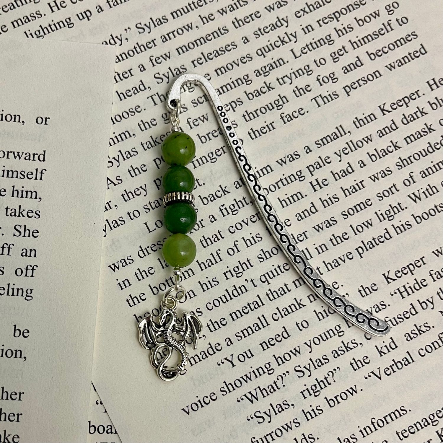 Silver Dragon with Aventurine Beads Small Book Hook