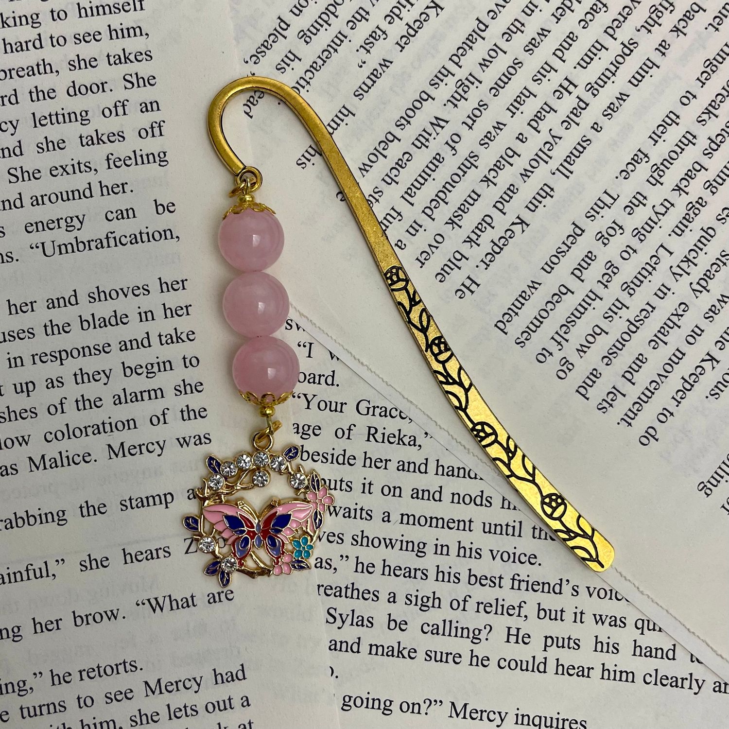 Gold &amp; Pink Butterfly with Rose Quartz Large Book Hook